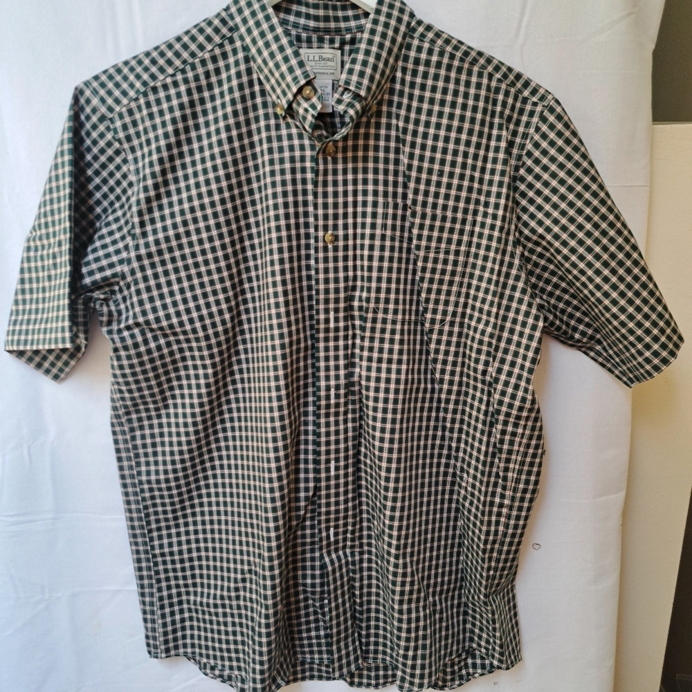 LL Bean Mens Traditional Fit Plaid SS Button Down Shirt L Règ Green White Red